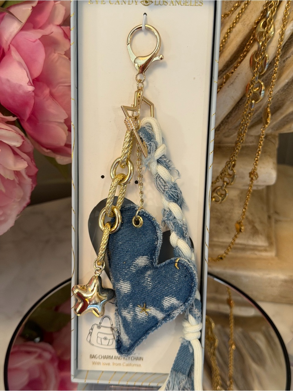 eye candy Denim Heart Bag Charm in Blue and Gold 3 piece Keychain bag charm NWT